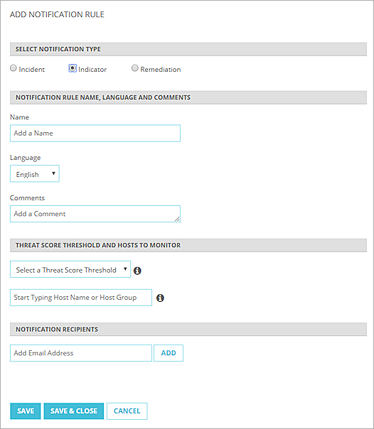 Screen shof of a new Indicator notification rule
