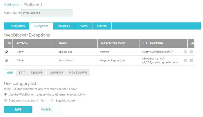 Screen shot of the WebBlocker Exceptions tab