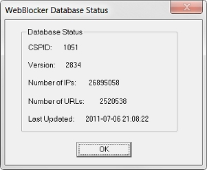 Screen shot of the WebBlocker Database Status dialog box screen shot