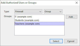 Add Authorized Users or Groups dialog box