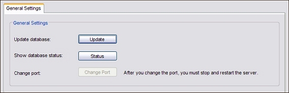 Screen shot of the WebBlocker General Settings tab with the Update database button