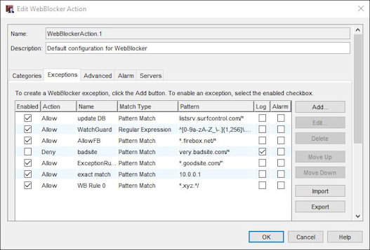 Screen shot of the WebBlocker exception dialog box