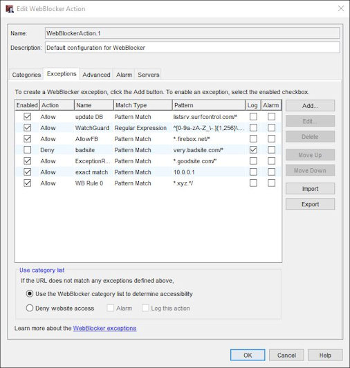 Screen shot of the WebBlockerAction Exceptions tab
