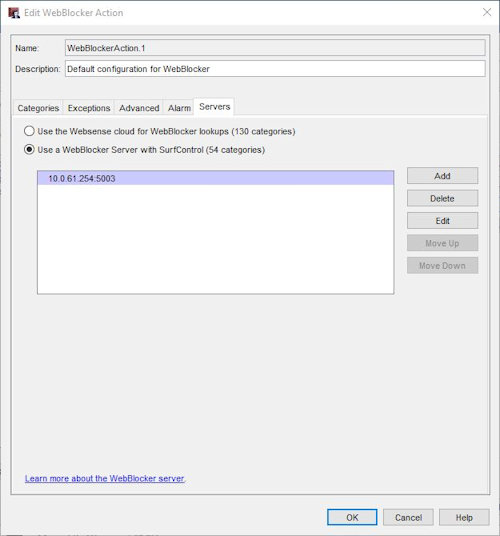 Screen shot of the WebBlocker Configuration of Policy dialog box