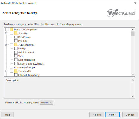 Screen shot of the Activate WebBlocker Wizard select categories to deny page.