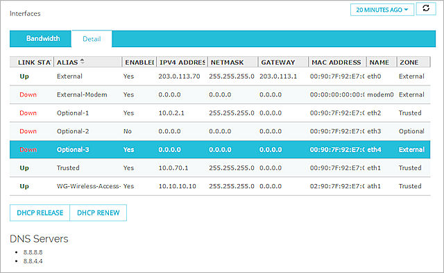 Screen shot of the Fireware XTM Web UI System Status > Interfaces page