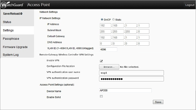 Screen shot of the local AP UI Network Settings page in the Access Point web UI