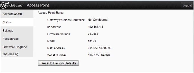 Screen shot of the Access Point web UI Status page in AP local UI