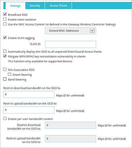 Screen shot of the SSID configuration settings, Settings tab