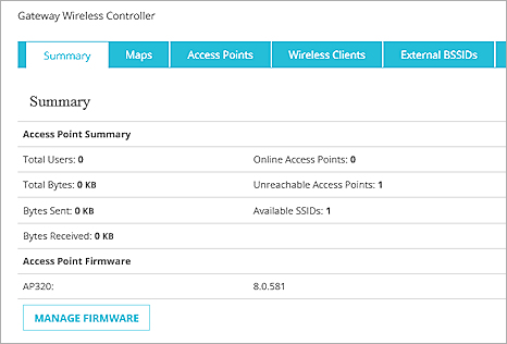 Screen shot of Gateway Wireless Controller Summary page