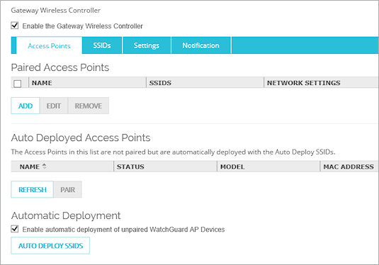 Screen shot of the Gateway Wireless Controller page with Automatic Deployment enabled