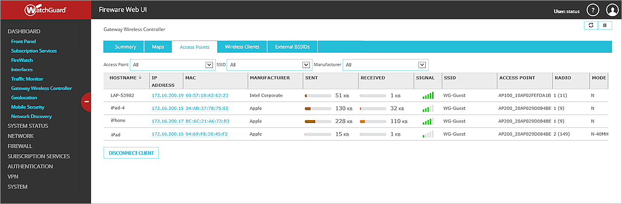 Screen shot of Gateway Wireless Controller Dashboard - Wireless Clients tab