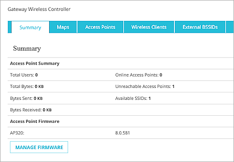 Screen shot of the Gateway Wireless Controller dashboard page, Summary tab.
