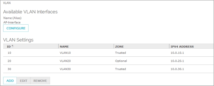 Screen shot of the VLAN page with three VLANs configured
