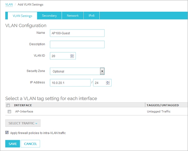 Screen shot of the VLAN configuration for the AP100-Guest VLAN