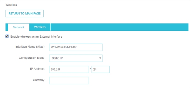 Wireless configuration page - Network tab