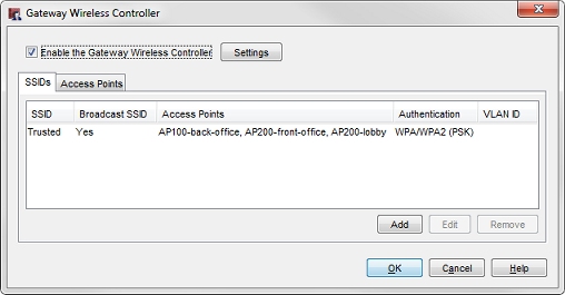 Screen shot of the SSID tab in the Gateway Wireless Controller