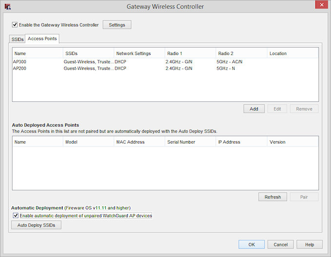 Screen shot of the Gateway Wireless Controller dialog box, with Automatic Deployment enabled
