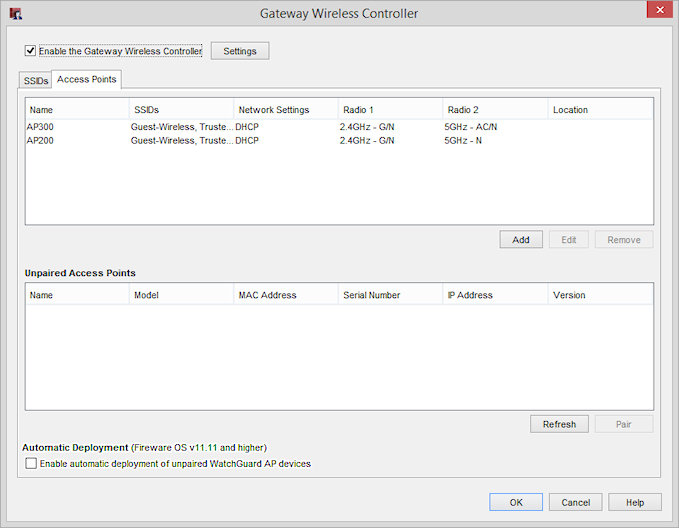 Screen shot of the Gateway Wireless Controller dialog box, Access Points tab