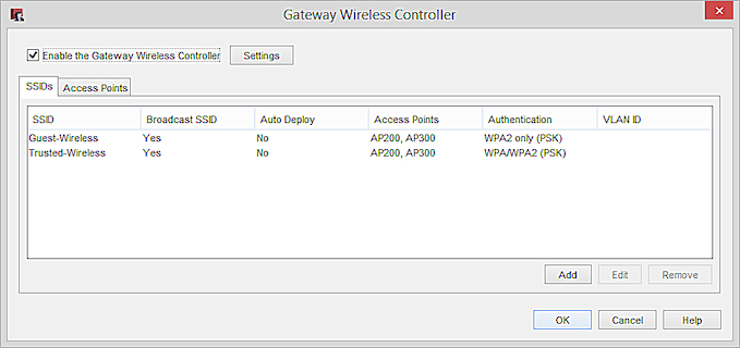 Screen shot of the Gateway Wireless Controller dialog box, SSID tab