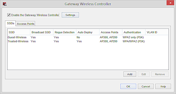Screen shot of the SSIDs tab in the Gateway Wireless Controller dialog box