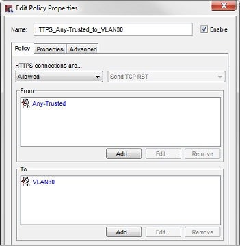Screen shot of the Edit Policy Properties dialog box for an HTTPS policy from Any-Trusted to VLAN30