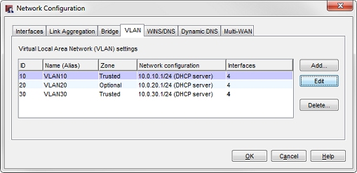 Screen shot of the Network Configuration > VLAN tab with three VLANs configured