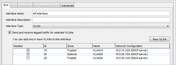 Screen shot a VLAN interface configued to send and receive tagged traffic for two VLANs