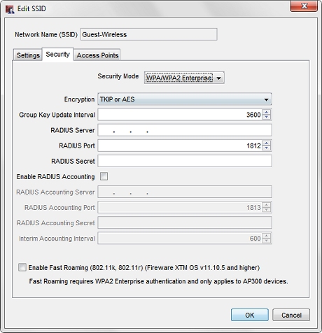 Screen shot of the Add SSID dialog box with WPA/WPA2 Enterprise Security Mode settings