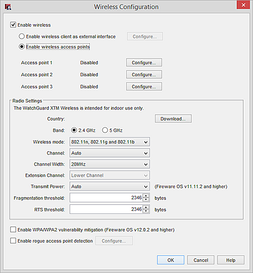 Screen shot of the Wireless Configuration dialog box with Enable rogue access point detection enabled