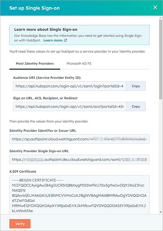 Screenshot of the set up SSO page.