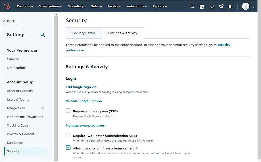 Screenshot of the Settings & Activity tab.
