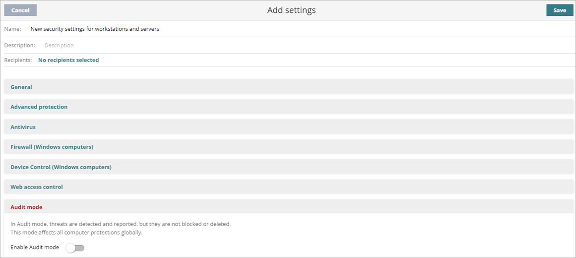 Screen shot of workstations and servers settings profile, Audit mode