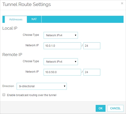 Screen shot of Tunnel Route Settings dialog box, Addresses tab