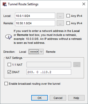 Screen shot of Tunnel Route Settings dialog box with settings for DNAT to public IP