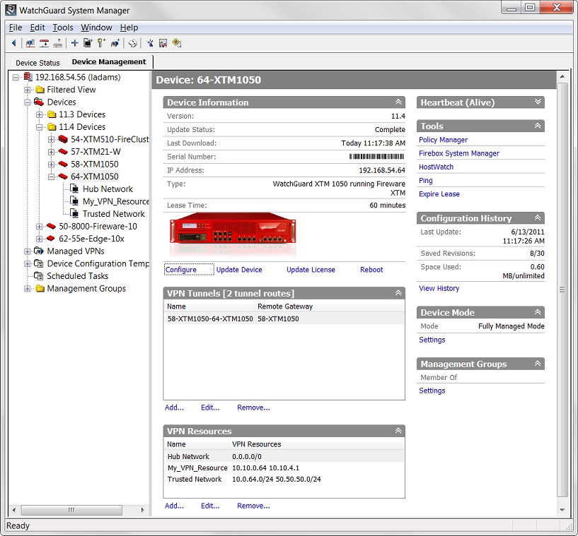 Screen shot of the WSM Device Managment page for a Fully Managed device