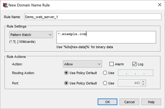 Screen shot of a domain name rule with the Allow action for an HTTPS server proxy action in Policy Manager