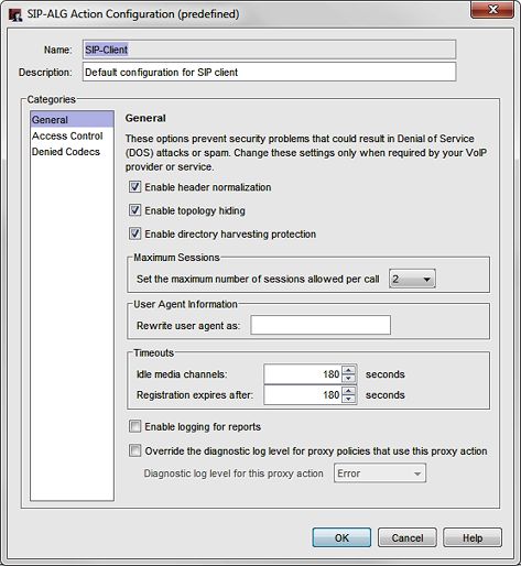 Screen shot of the SIP-ALG Action Configuration dialog box, General settings page