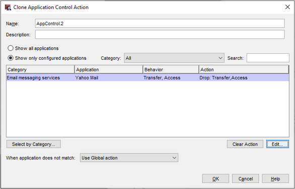 Screen shot of the Clone Application Control Action dialog box