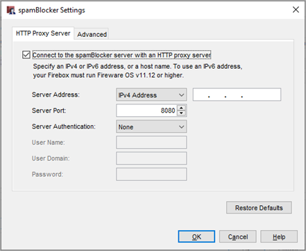Screenshot of the spamBlocker settings dialog box, HTTP Proxy Server tab