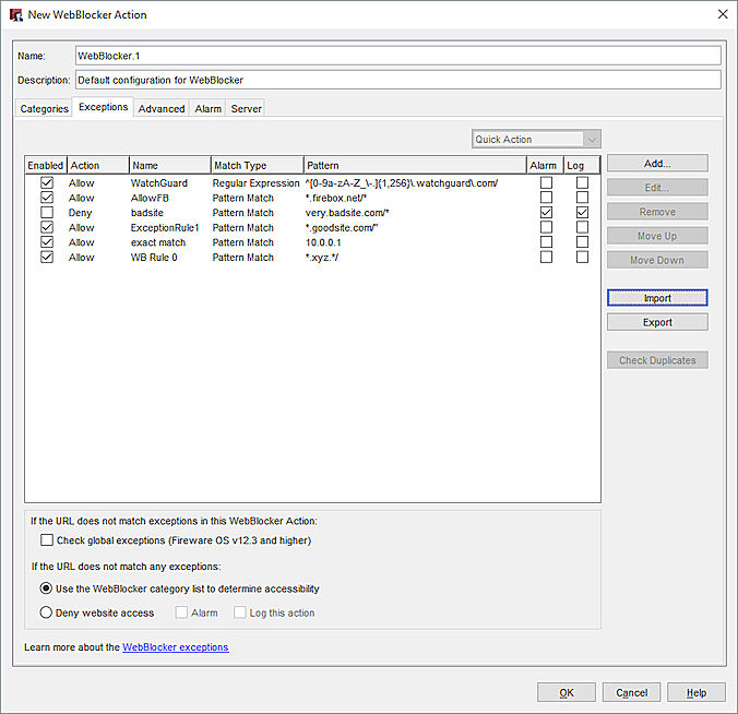 Screen shot of the WebBlocker exception dialog box