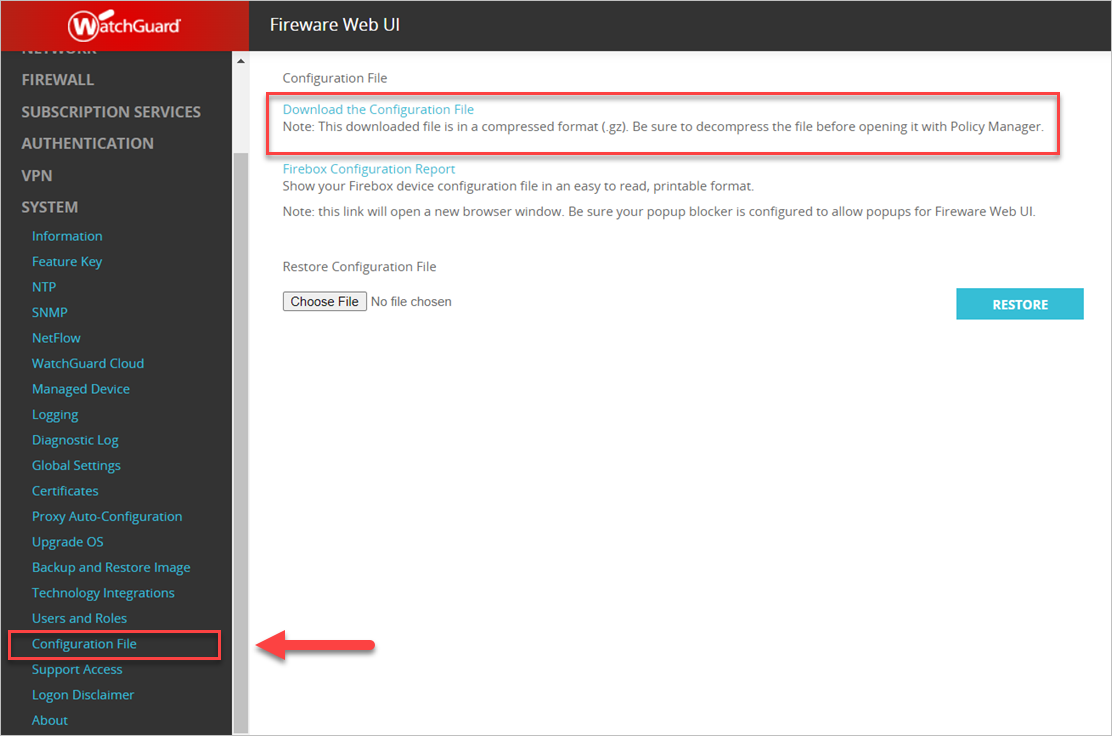 Screenshot of the Firebox Configuration File download in Fireware Web UI