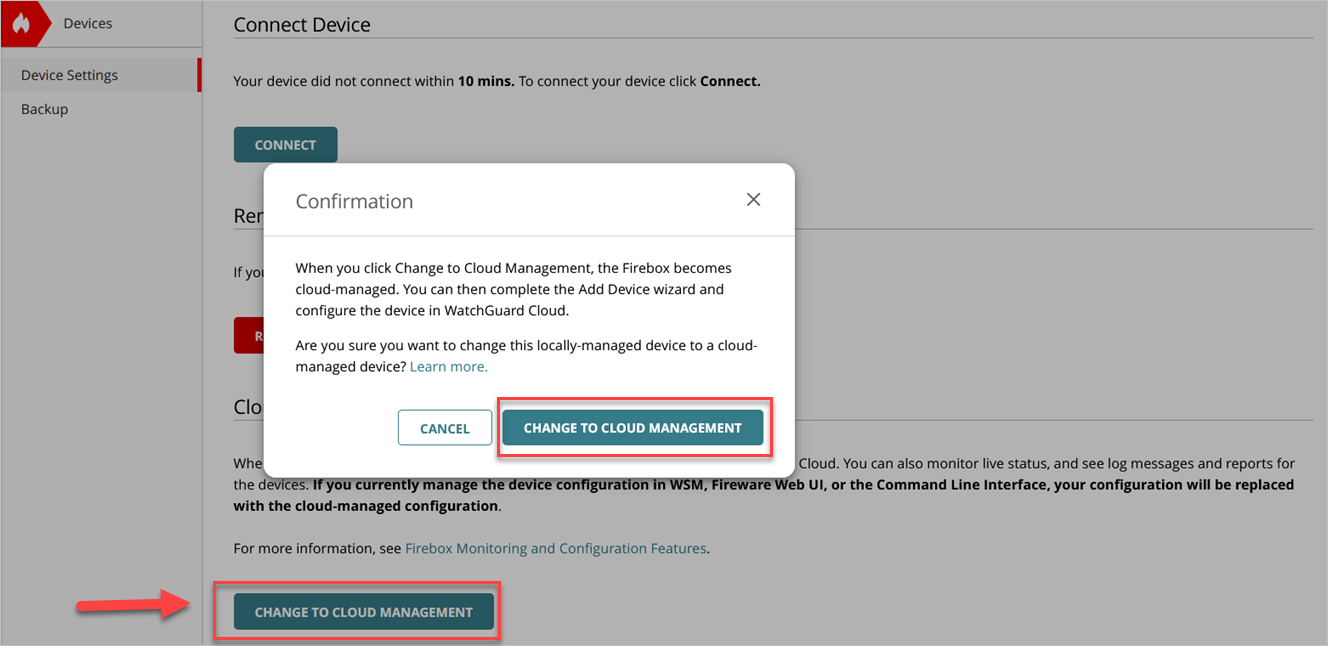 Screenshot of the Change to Cloud Management confirmation in WatchGuard Cloud
