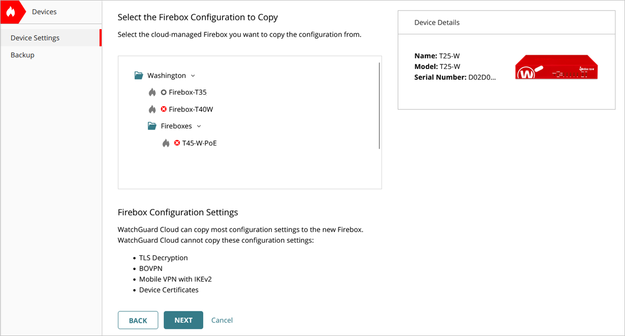 Screenshot of the Copy Configuration settings selection in WatchGuard Cloud