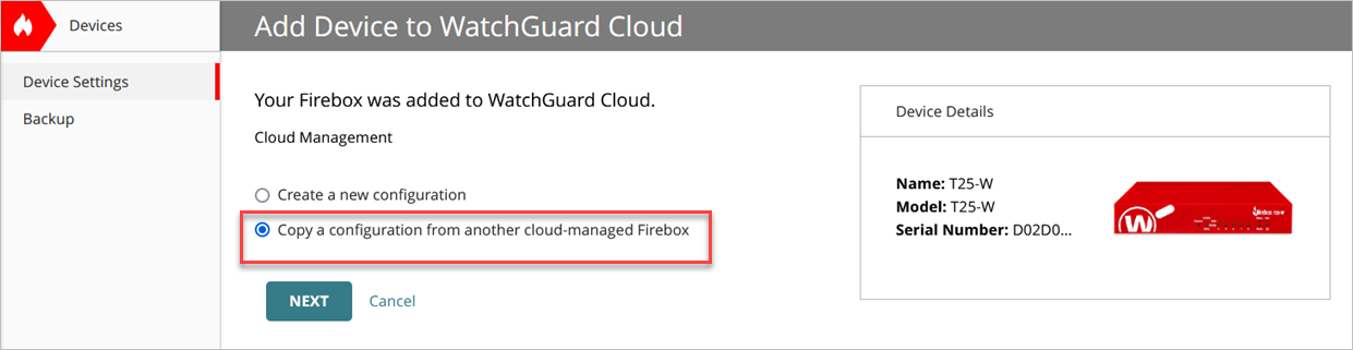 Screenshot of the Add Device wiizard configuration selection in WatchGuard Cloud