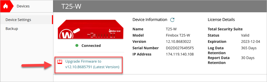 Screenshot of the Upgrade Firmware link in the Device Settings in WatchGuard Cloud