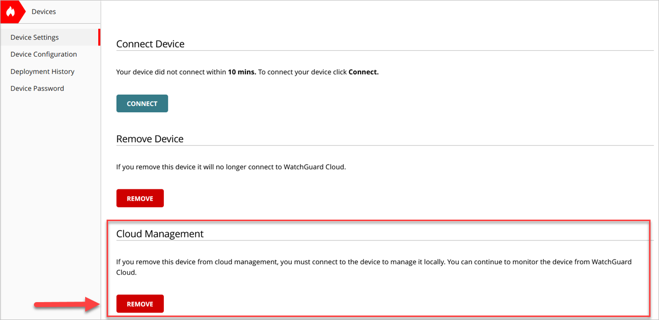 Screenshot of the Remove from Cloud Management button in WatchGuard Cloud