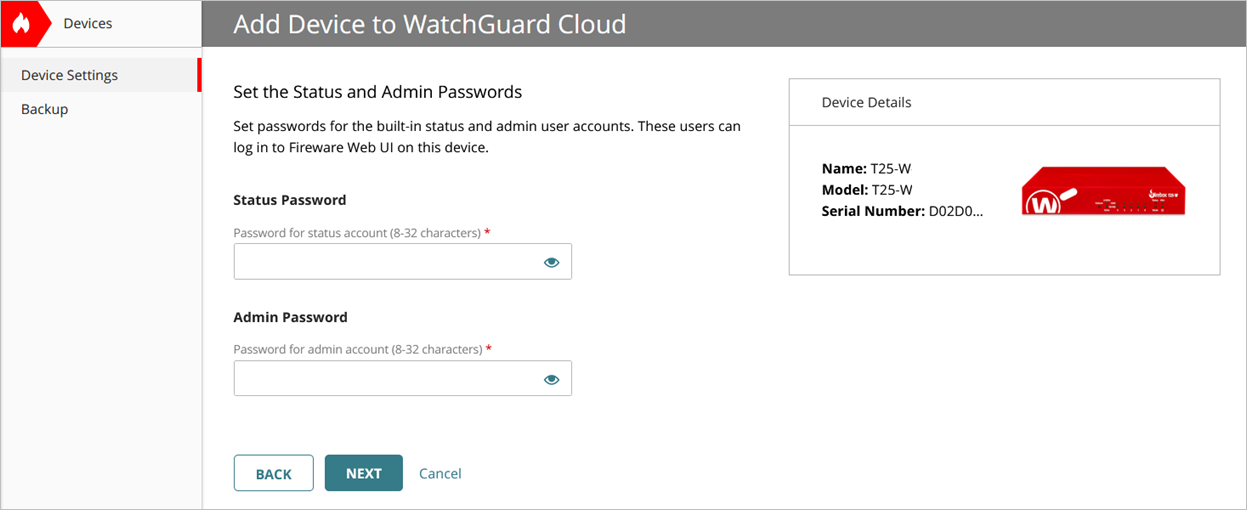Screenshot of the Add Device wizard password setup page in WatchGuard Cloud
