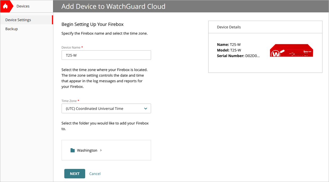 Screenshot of the Add Device wizard setup page in WatchGuard Cloud