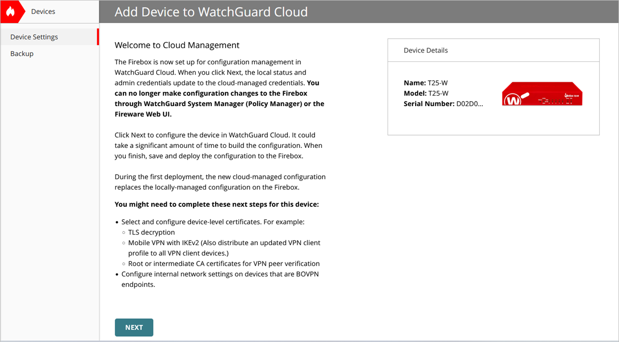 Screenshot of the Add Device wizard cloud management completion page in WatchGuard Cloud